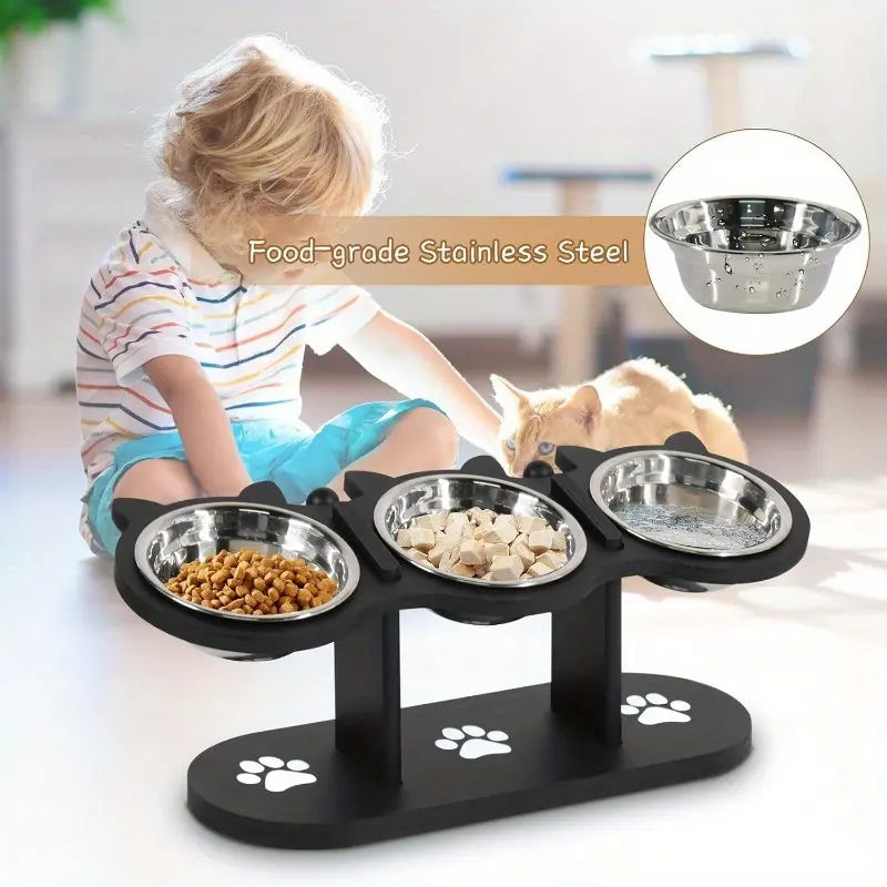 15 Tilted Stainless Steel Elevated Cat Bowls, Adjustable Raised Cat & Puppy Bowl Stand Feeder with 3 Stainless Steel Pet Bowls, Anti-Spill Black Wooden Base, Cat & Small Dogs Dishes for Food and Water Feeding