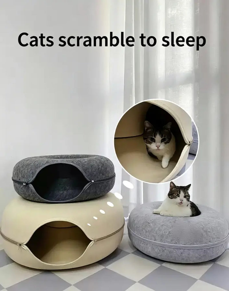 Felt Donut Cat Tunnel Bed, 2-In-1 Washable Detachable Pet Hideaway Cave, All-Season Warm Cozy Indoor Cat Sleeping Nest, Secure Zipper Design, Easy Disassembly Storage Shaped Beds