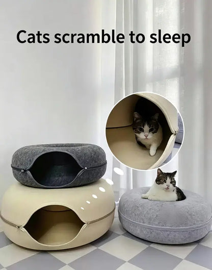 Felt Donut Cat Tunnel Bed, 2-In-1 Washable Detachable Pet Hideaway Cave, All-Season Warm Cozy Indoor Cat Sleeping Nest, Secure Zipper Design, Easy Disassembly Storage Shaped Beds