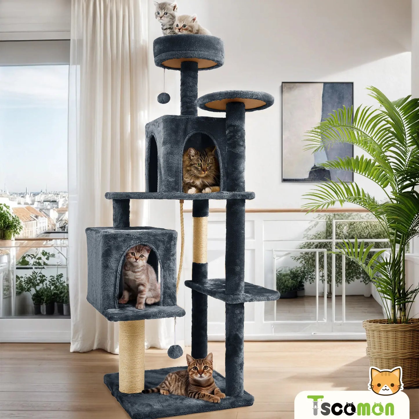 Wecharmer Indoor Cat Tree Tower with Green Leaves, Plush Cat Condo and Scratching Posts by Summerwins