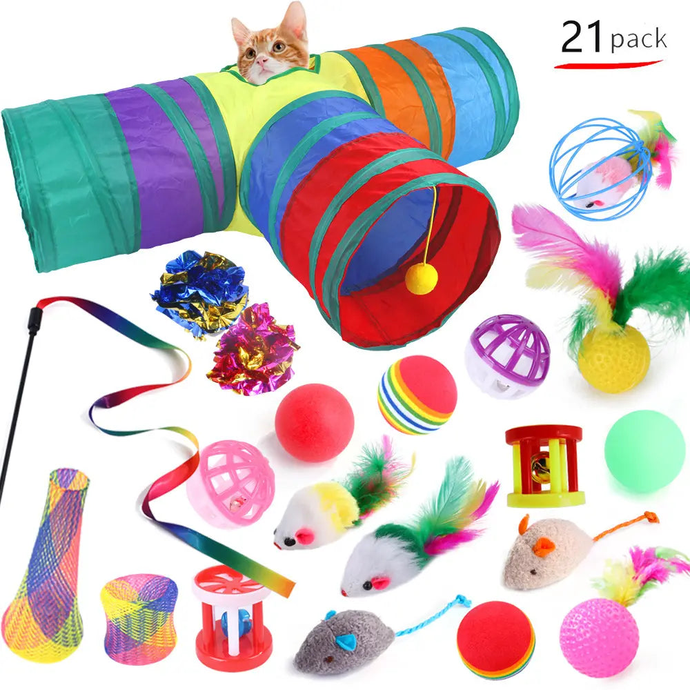 Interactive Cat Toys Set, Foldable Rainbow Tunnel & Teaser Wand, Fluffy Mouse & Crinkle Ball Design, Perfect for Kitties & Puppies