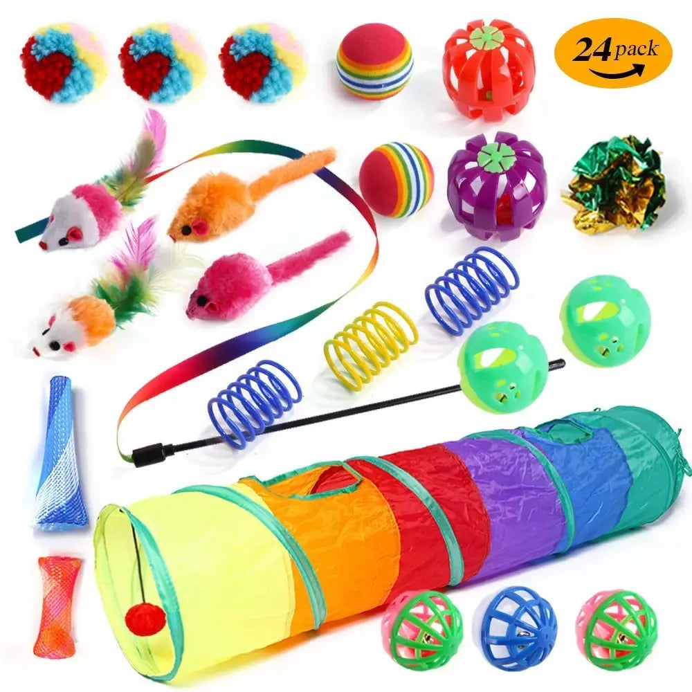 Interactive Cat Toys Set, Foldable Rainbow Tunnel & Teaser Wand, Fluffy Mouse & Crinkle Ball Design, Perfect for Kitties & Puppies