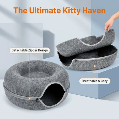 Felt Donut Cat Tunnel Bed, 2-In-1 Washable Detachable Pet Hideaway Cave, All-Season Warm Cozy Indoor Cat Sleeping Nest, Secure Zipper Design, Easy Disassembly Storage Shaped Beds