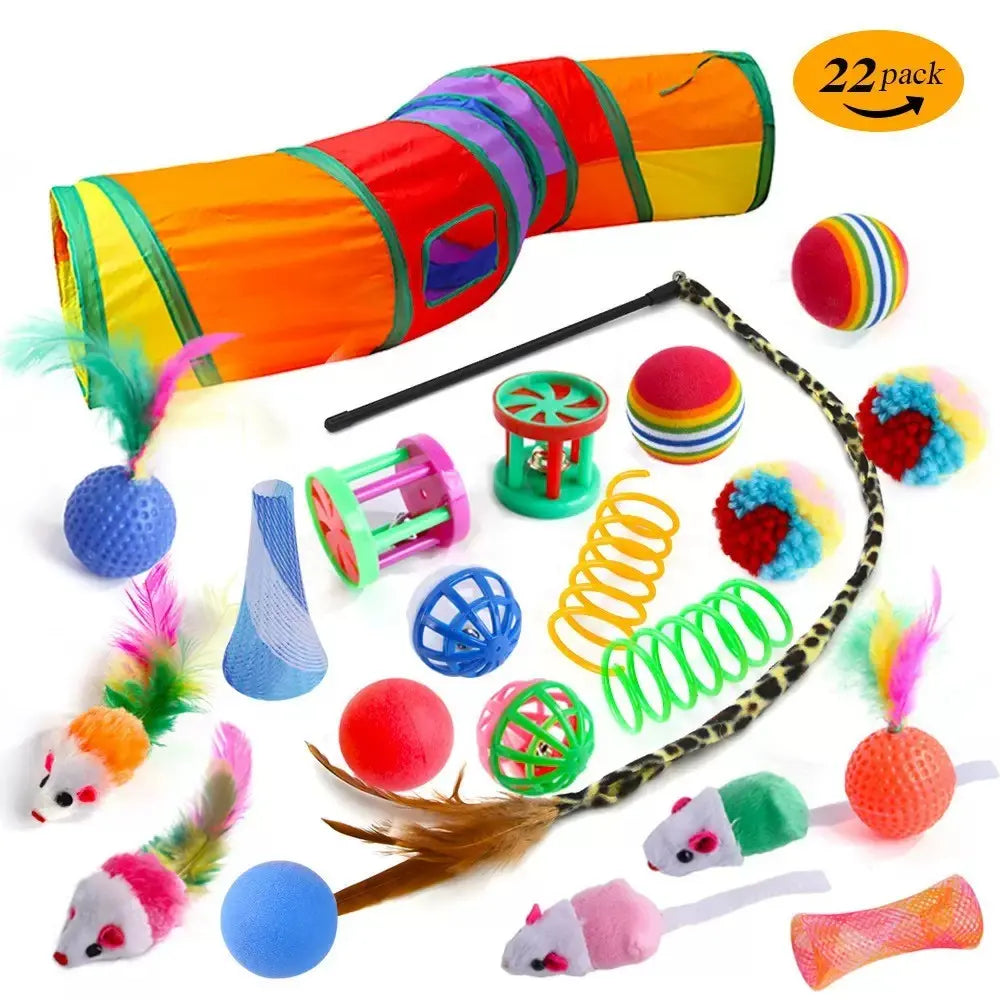 Interactive Cat Toys Set, Foldable Rainbow Tunnel & Teaser Wand, Fluffy Mouse & Crinkle Ball Design, Perfect for Kitties & Puppies