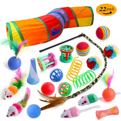 Interactive Cat Toys Set, Foldable Rainbow Tunnel & Teaser Wand, Fluffy Mouse & Crinkle Ball Design, Perfect for Kitties & Puppies
