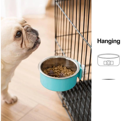 2 Pieces Crate Dog Bowl, Removable Stainless Steel Pet Kennel Hanging Food Water Feeder Bowl Cage Coop Cup for Puppy Medium Dog Cat Rabbit Ferret Bird (Blue,Red)