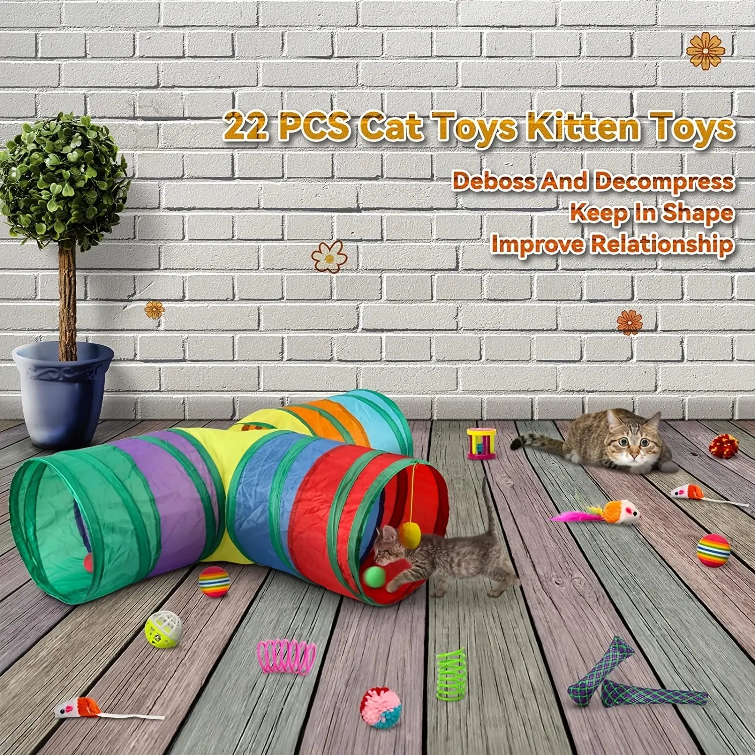 Interactive Cat Toys Set, Foldable Rainbow Tunnel & Teaser Wand, Fluffy Mouse & Crinkle Ball Design, Perfect for Kitties & Puppies