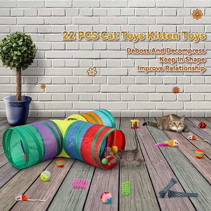 Interactive Cat Toys Set, Foldable Rainbow Tunnel & Teaser Wand, Fluffy Mouse & Crinkle Ball Design, Perfect for Kitties & Puppies