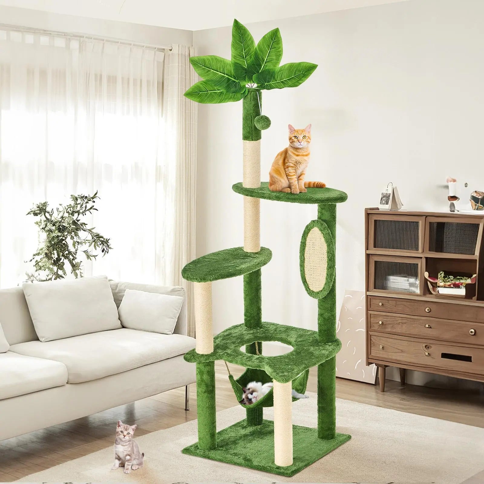 Wecharmer Indoor Cat Tree Tower with Green Leaves, Plush Cat Condo and Scratching Posts by Summerwins