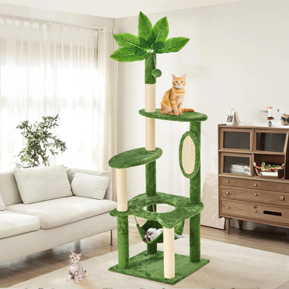 Wecharmer Indoor Cat Tree Tower with Green Leaves, Plush Cat Condo and Scratching Posts by Summerwins