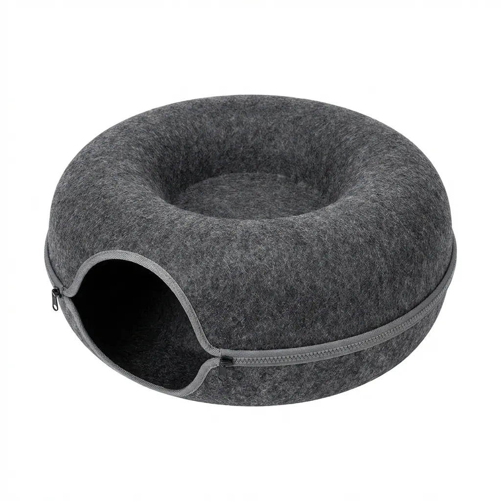 Felt Donut Cat Tunnel Bed, 2-In-1 Washable Detachable Pet Hideaway Cave, All-Season Warm Cozy Indoor Cat Sleeping Nest, Secure Zipper Design, Easy Disassembly Storage Shaped Beds