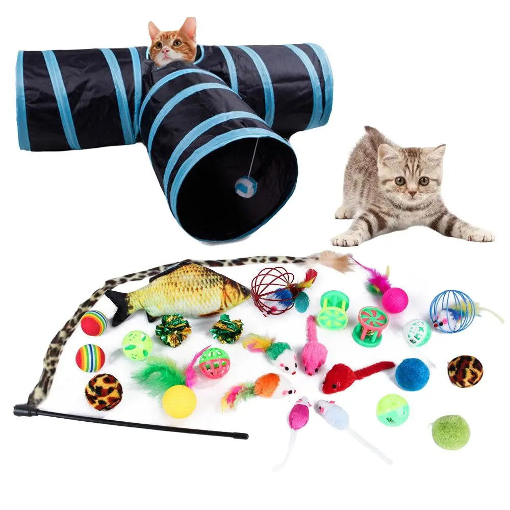 Interactive Cat Toys Set, Foldable Rainbow Tunnel & Teaser Wand, Fluffy Mouse & Crinkle Ball Design, Perfect for Kitties & Puppies