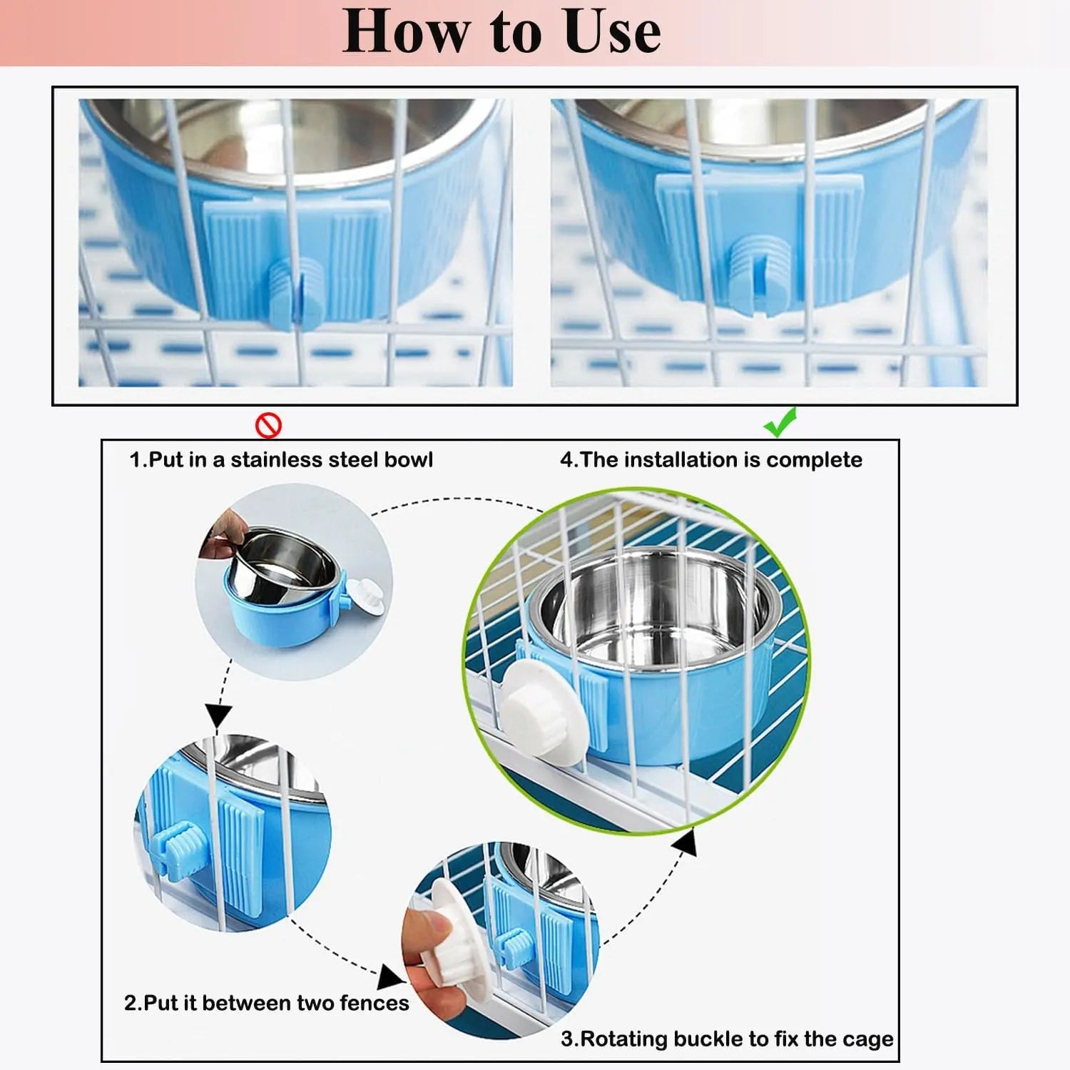 2 Pieces Crate Dog Bowl, Removable Stainless Steel Pet Kennel Hanging Food Water Feeder Bowl Cage Coop Cup for Puppy Medium Dog Cat Rabbit Ferret Bird (Blue,Red)