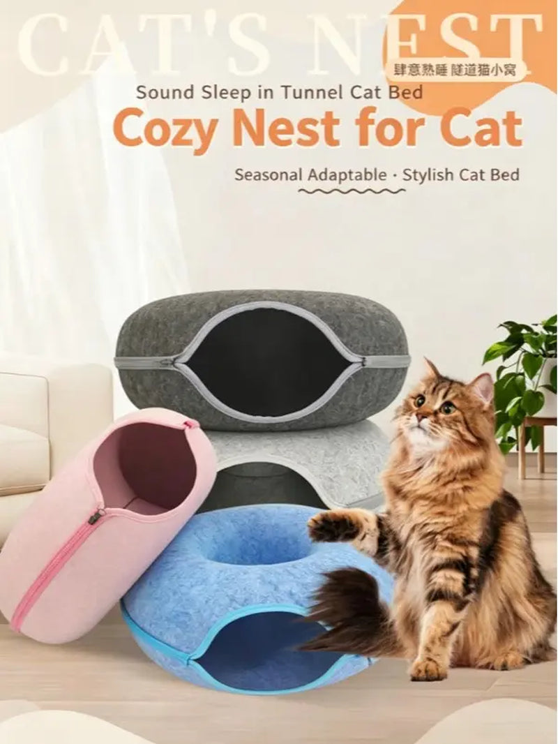 Felt Donut Cat Tunnel Bed, 2-In-1 Washable Detachable Pet Hideaway Cave, All-Season Warm Cozy Indoor Cat Sleeping Nest, Secure Zipper Design, Easy Disassembly Storage Shaped Beds
