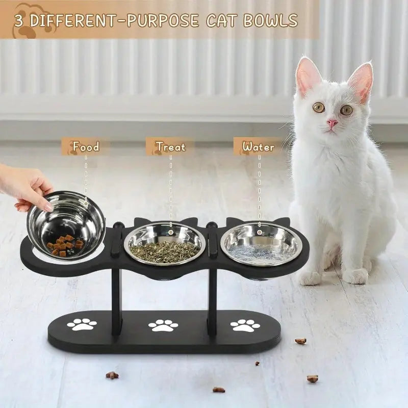 15 Tilted Stainless Steel Elevated Cat Bowls, Adjustable Raised Cat & Puppy Bowl Stand Feeder with 3 Stainless Steel Pet Bowls, Anti-Spill Black Wooden Base, Cat & Small Dogs Dishes for Food and Water Feeding