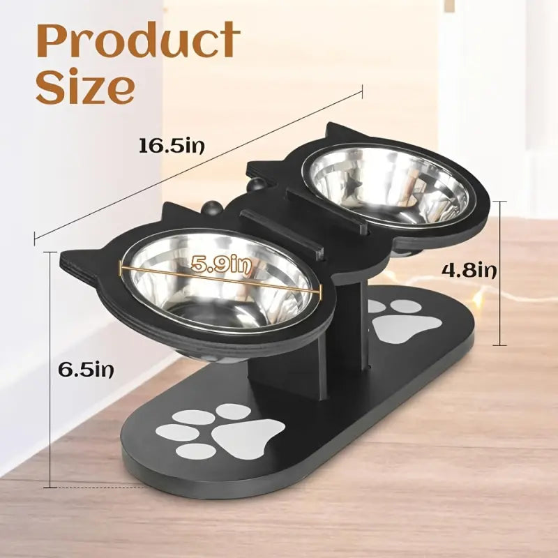 15 Tilted Stainless Steel Elevated Cat Bowls, Adjustable Raised Cat & Puppy Bowl Stand Feeder with 3 Stainless Steel Pet Bowls, Anti-Spill Black Wooden Base, Cat & Small Dogs Dishes for Food and Water Feeding