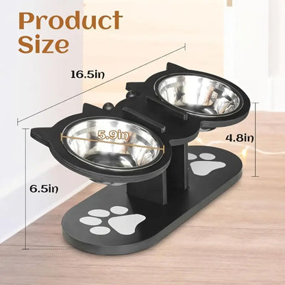15 Tilted Stainless Steel Elevated Cat Bowls, Adjustable Raised Cat & Puppy Bowl Stand Feeder with 3 Stainless Steel Pet Bowls, Anti-Spill Black Wooden Base, Cat & Small Dogs Dishes for Food and Water Feeding