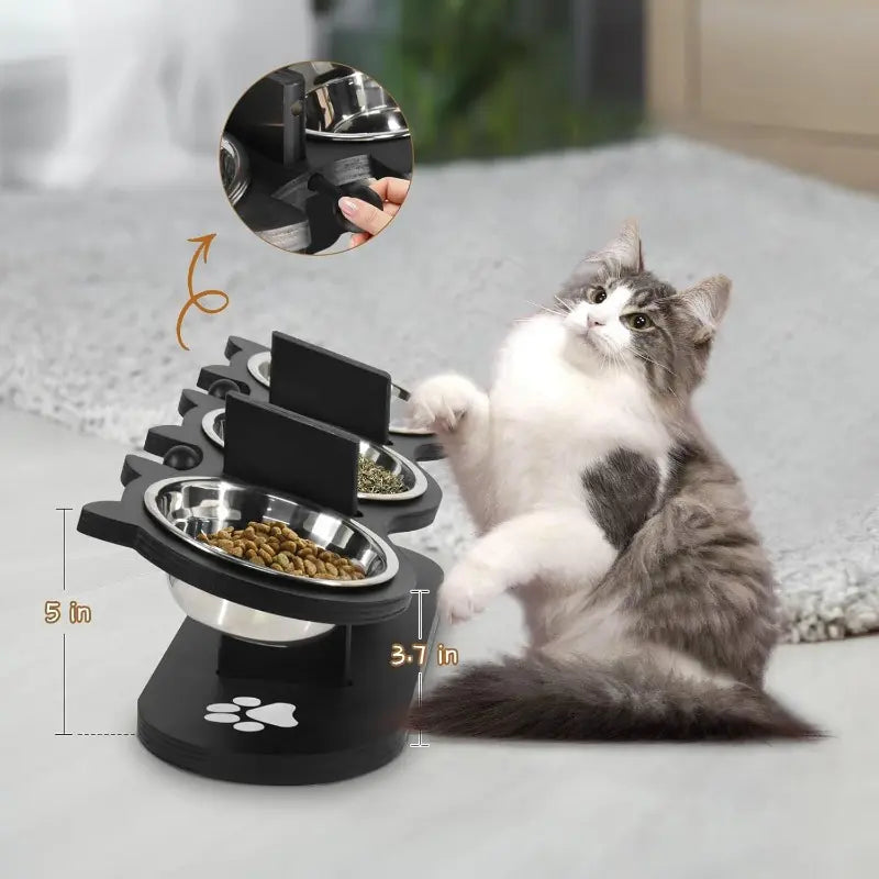 15 Tilted Stainless Steel Elevated Cat Bowls, Adjustable Raised Cat & Puppy Bowl Stand Feeder with 3 Stainless Steel Pet Bowls, Anti-Spill Black Wooden Base, Cat & Small Dogs Dishes for Food and Water Feeding