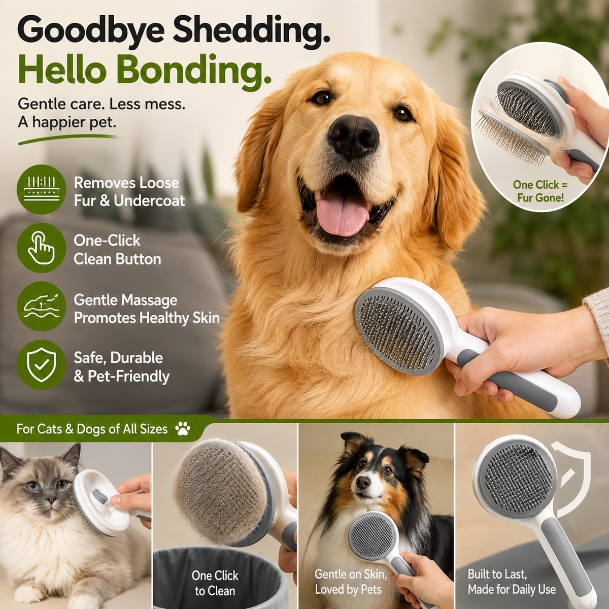Pet Hair Removal Brush, 1 Count Pet Grooming Brush, Slicker Brush, Shedding Brush with Cleaning Button, Pet Massage Brush for Cats, Dog & Cat Grooming Supplies