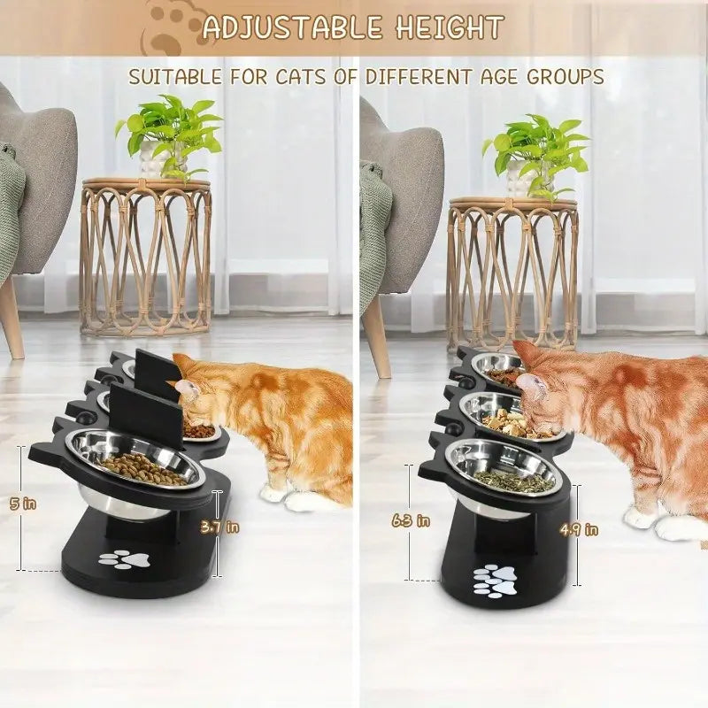 15 Tilted Stainless Steel Elevated Cat Bowls, Adjustable Raised Cat & Puppy Bowl Stand Feeder with 3 Stainless Steel Pet Bowls, Anti-Spill Black Wooden Base, Cat & Small Dogs Dishes for Food and Water Feeding