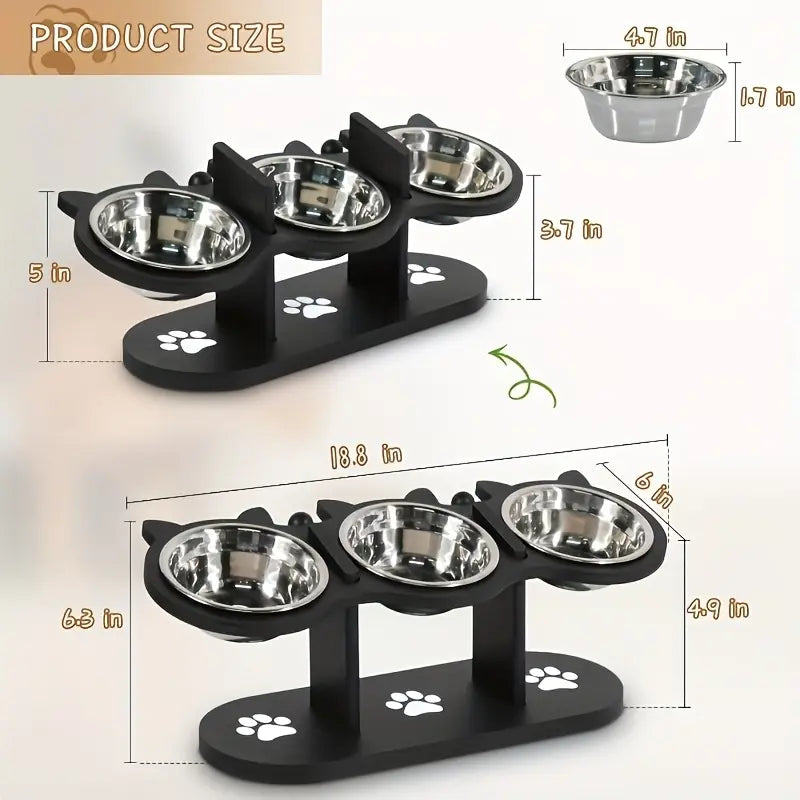 15 Tilted Stainless Steel Elevated Cat Bowls, Adjustable Raised Cat & Puppy Bowl Stand Feeder with 3 Stainless Steel Pet Bowls, Anti-Spill Black Wooden Base, Cat & Small Dogs Dishes for Food and Water Feeding