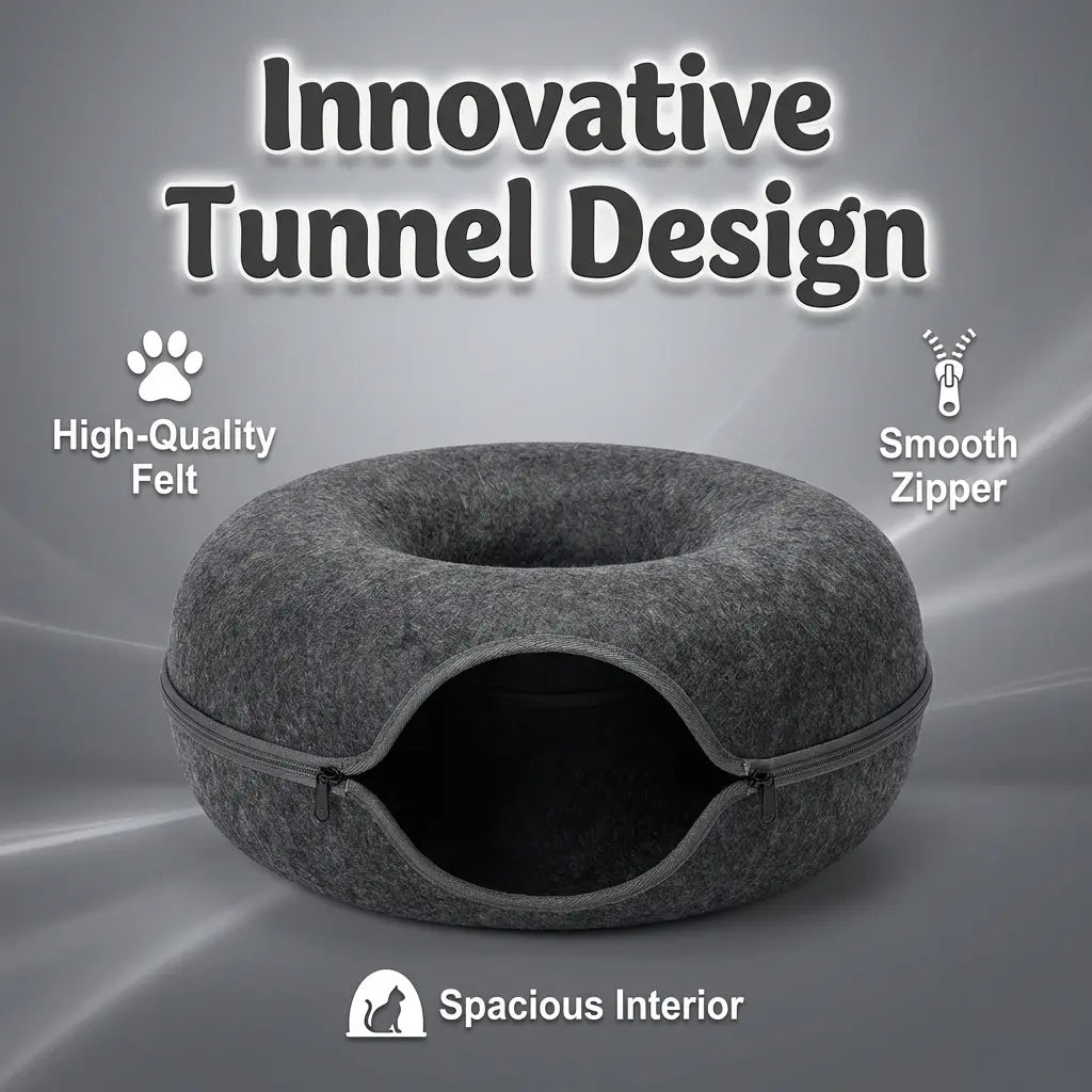 Felt Donut Cat Tunnel Bed, 2-In-1 Washable Detachable Pet Hideaway Cave, All-Season Warm Cozy Indoor Cat Sleeping Nest, Secure Zipper Design, Easy Disassembly Storage Shaped Beds