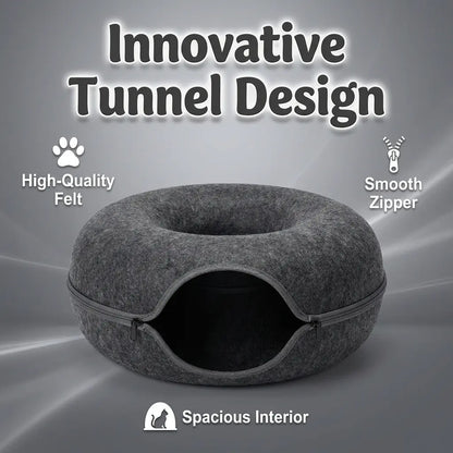 Felt Donut Cat Tunnel Bed, 2-In-1 Washable Detachable Pet Hideaway Cave, All-Season Warm Cozy Indoor Cat Sleeping Nest, Secure Zipper Design, Easy Disassembly Storage Shaped Beds