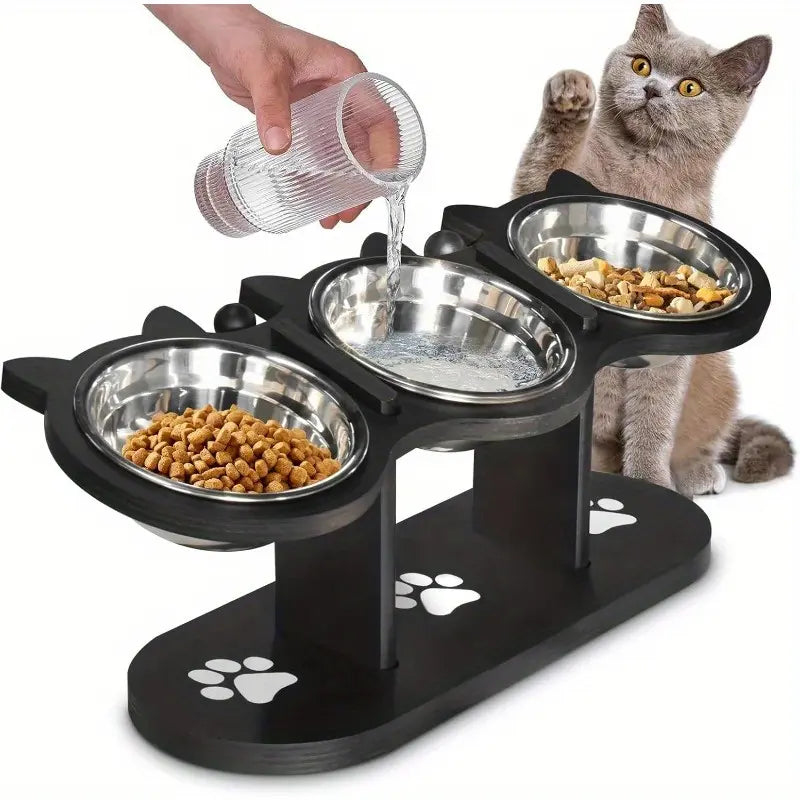 15 Tilted Stainless Steel Elevated Cat Bowls, Adjustable Raised Cat & Puppy Bowl Stand Feeder with 3 Stainless Steel Pet Bowls, Anti-Spill Black Wooden Base, Cat & Small Dogs Dishes for Food and Water Feeding