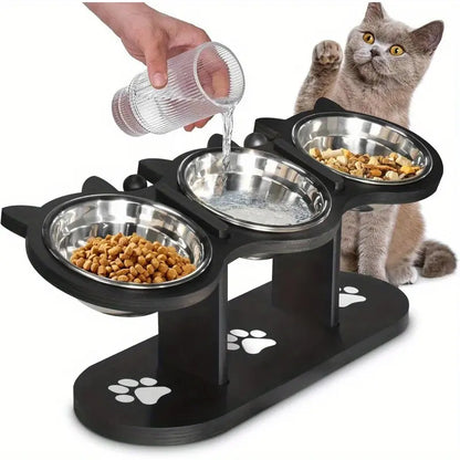15 Tilted Stainless Steel Elevated Cat Bowls, Adjustable Raised Cat & Puppy Bowl Stand Feeder with 3 Stainless Steel Pet Bowls, Anti-Spill Black Wooden Base, Cat & Small Dogs Dishes for Food and Water Feeding