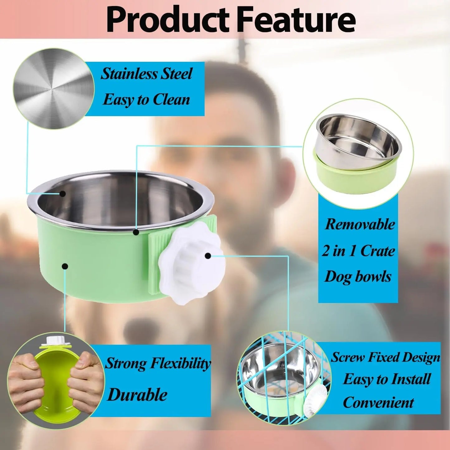 2 Pieces Crate Dog Bowl, Removable Stainless Steel Pet Kennel Hanging Food Water Feeder Bowl Cage Coop Cup for Puppy Medium Dog Cat Rabbit Ferret Bird (Blue,Red)