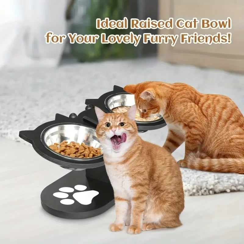 15 Tilted Stainless Steel Elevated Cat Bowls, Adjustable Raised Cat & Puppy Bowl Stand Feeder with 3 Stainless Steel Pet Bowls, Anti-Spill Black Wooden Base, Cat & Small Dogs Dishes for Food and Water Feeding
