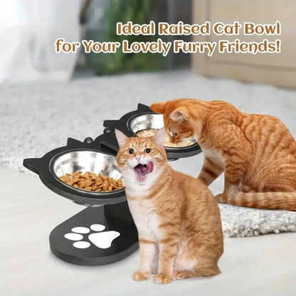 15 Tilted Stainless Steel Elevated Cat Bowls, Adjustable Raised Cat & Puppy Bowl Stand Feeder with 3 Stainless Steel Pet Bowls, Anti-Spill Black Wooden Base, Cat & Small Dogs Dishes for Food and Water Feeding