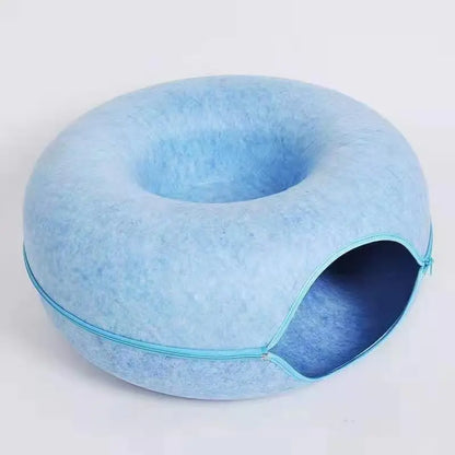 Felt Donut Cat Tunnel Bed, 2-In-1 Washable Detachable Pet Hideaway Cave, All-Season Warm Cozy Indoor Cat Sleeping Nest, Secure Zipper Design, Easy Disassembly Storage Shaped Beds